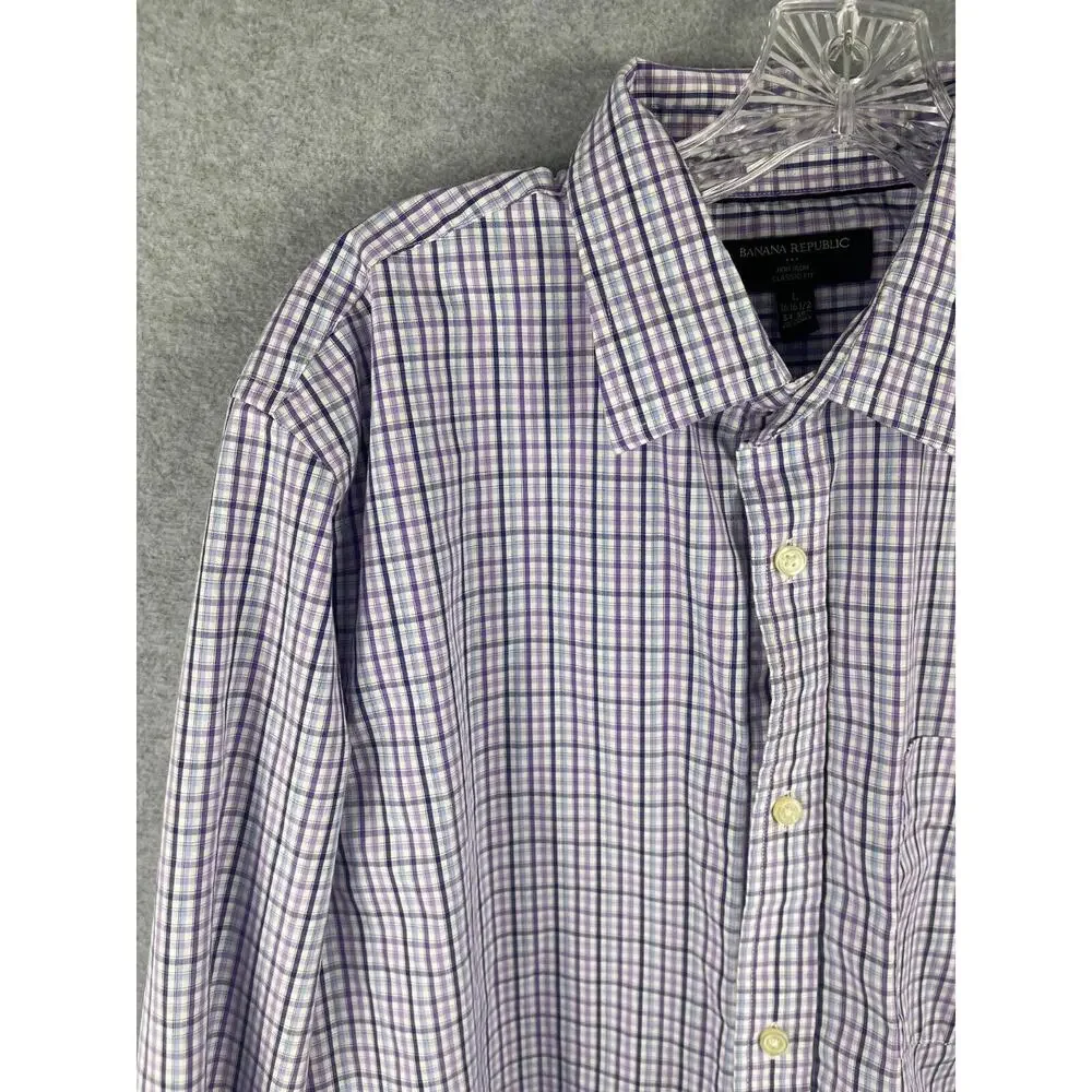 Banana Republic Shirt Mens L Plaid Purple Blue Long Sleeve Button Up Classiccore